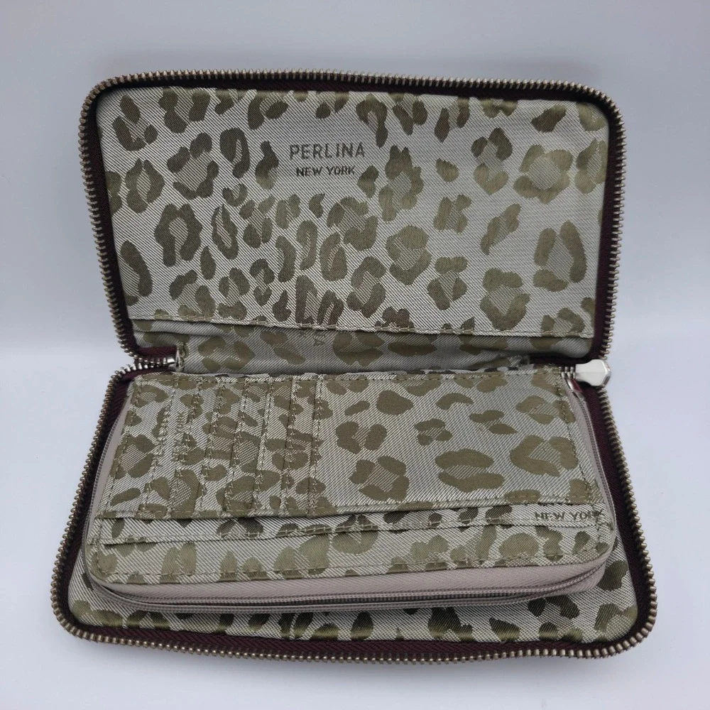 Perlina New York Burgundy Leather Zip Around Wallet Leopard Print Interior